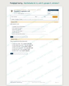 Kartkówka angielski klasa 6 unit 3: gramatyka: pytania z will — B–E — podgląd karty, grupa C