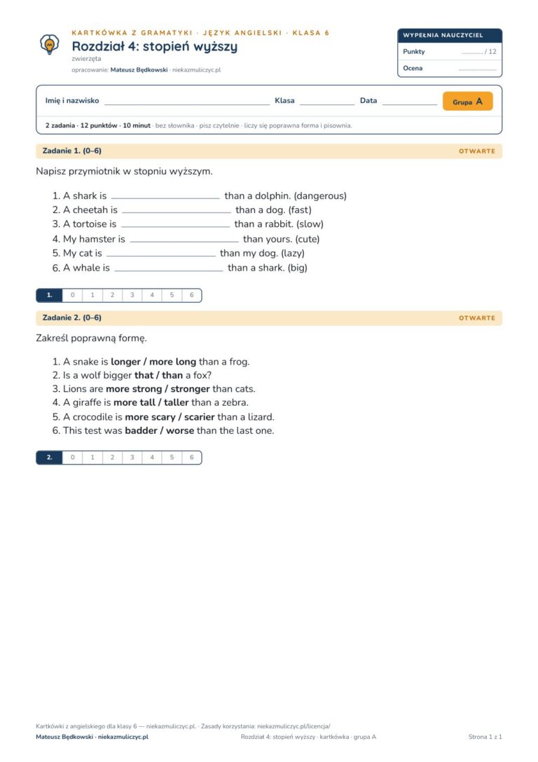 Kartkówka angielski klasa 6 unit 4: gramatyka: stopień wyższy — B–E — okładka