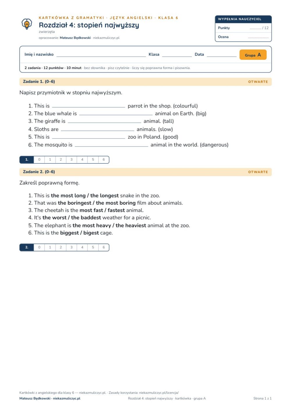 Kartkówka angielski klasa 6 unit 4: gramatyka: stopień najwyższy — B–E — okładka