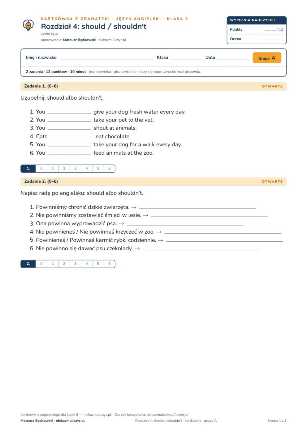 Angielski klasa 6 unit 4: gramatyka: should / shouldn't — kartkówka — okładka