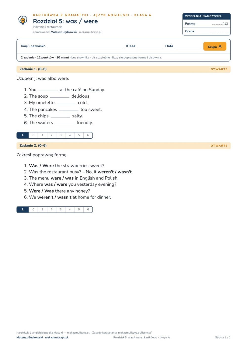Kartkówka angielski klasa 6 unit 5: gramatyka: was / were — B–E — okładka