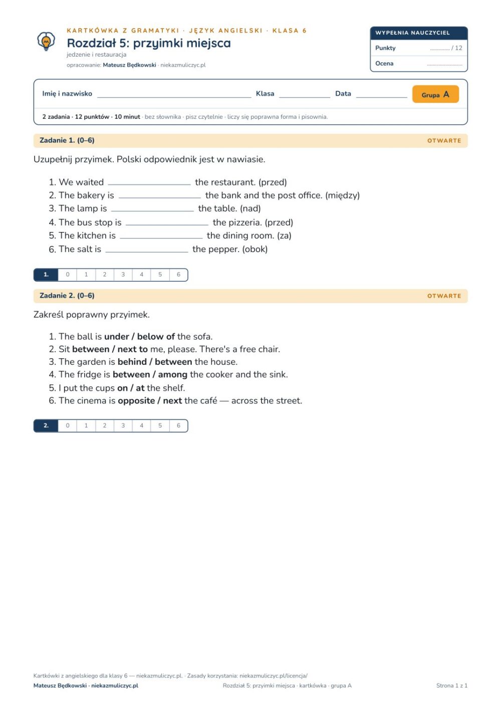 Kartkówka angielski klasa 6 unit 5: gramatyka: przyimki miejsca — B–E — okładka