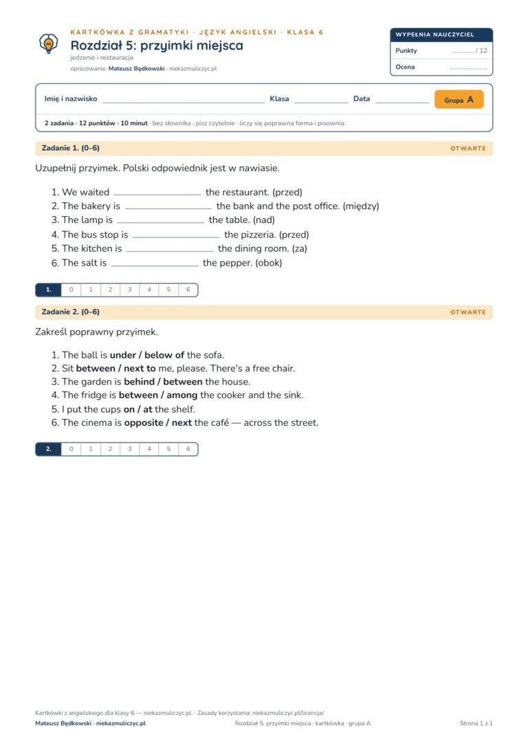 Kartkówka angielski klasa 6 unit 5: gramatyka: przyimki miejsca — B–E — okładka