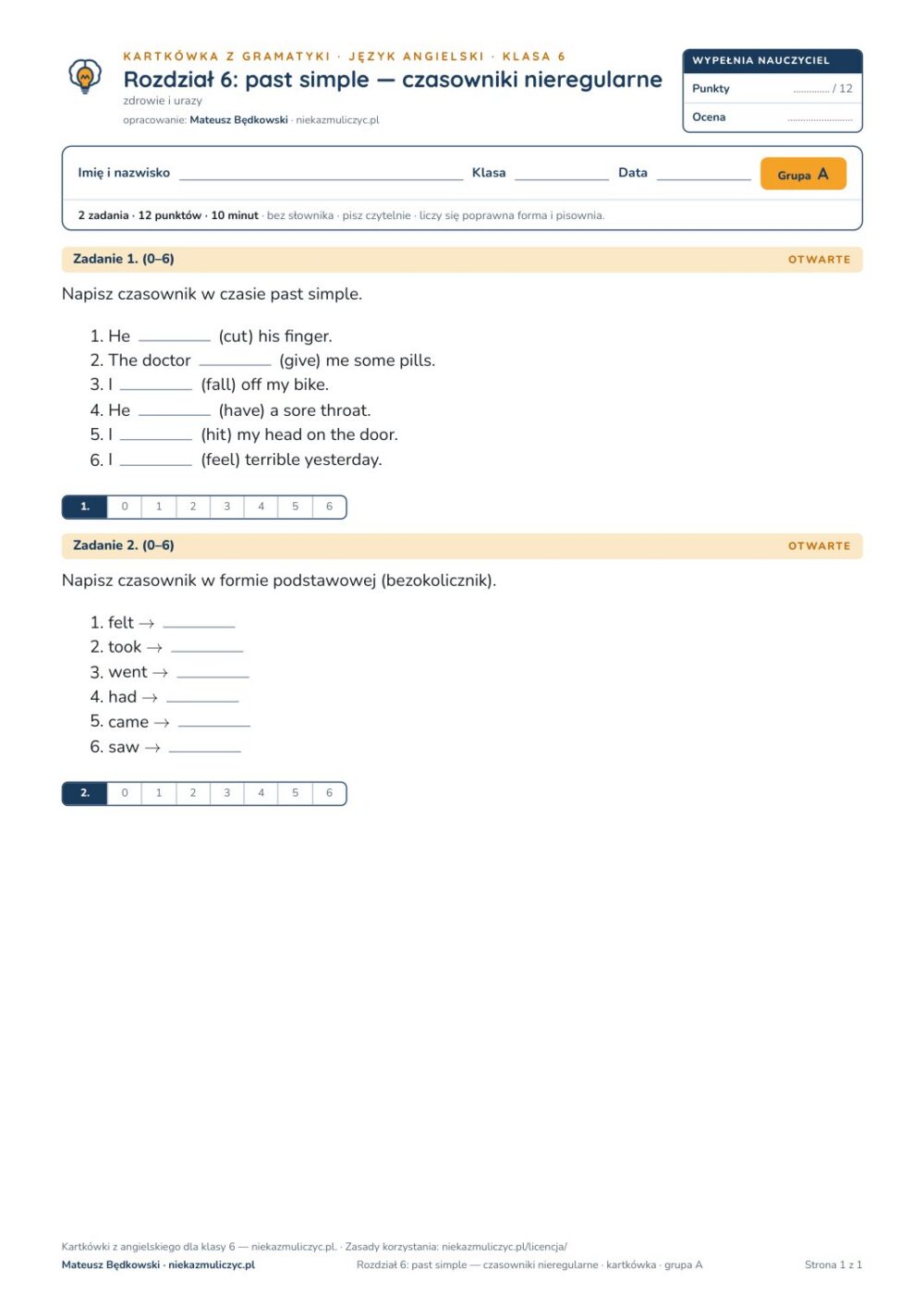 Kartkówka angielski klasa 6 unit 6: gramatyka 2 — B–E — okładka