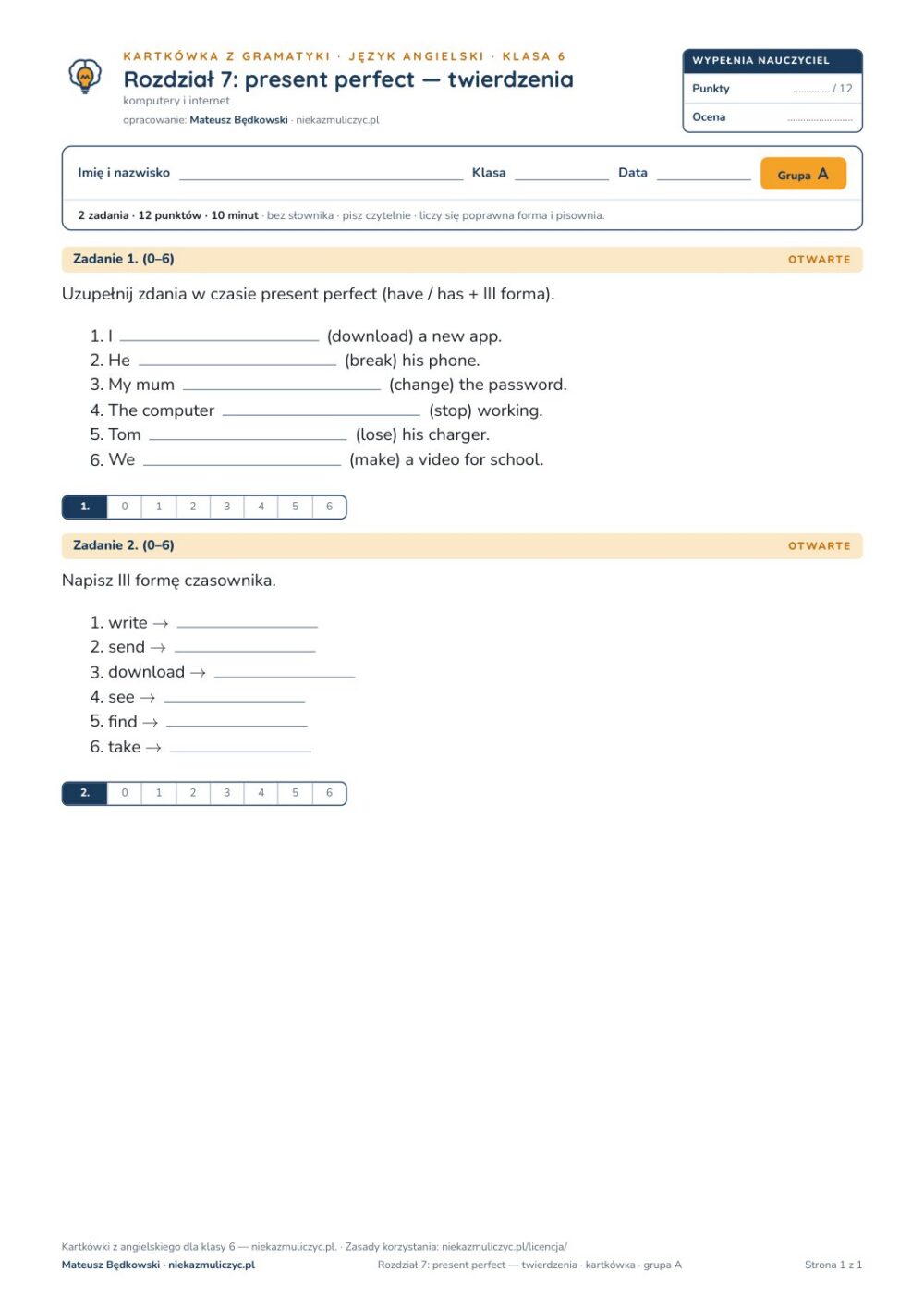 Angielski klasa 6 unit 7: present perfect — twierdzenia — kartkówka — okładka