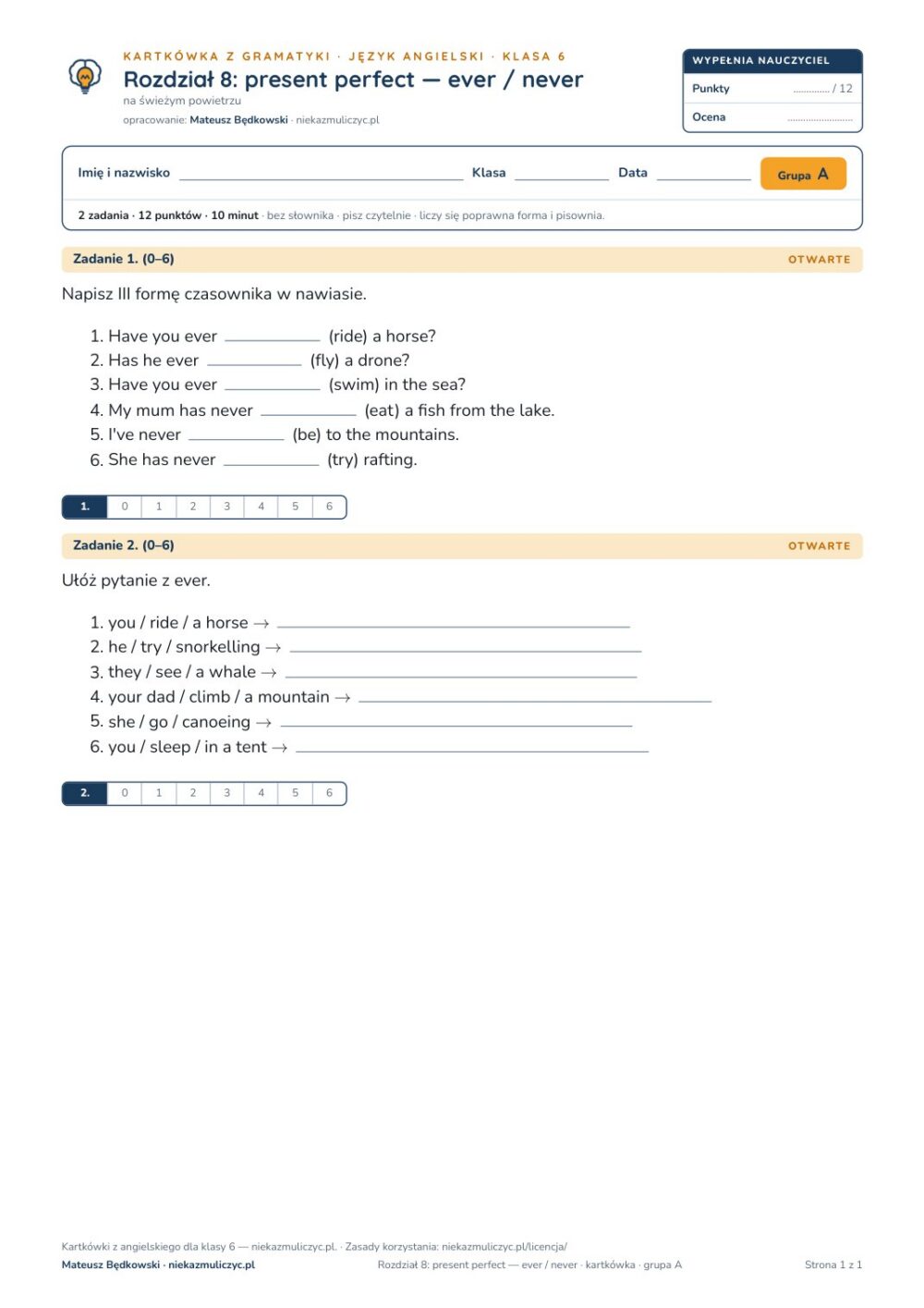Angielski klasa 6 unit 8: present perfect — ever / never — kartkówka — okładka