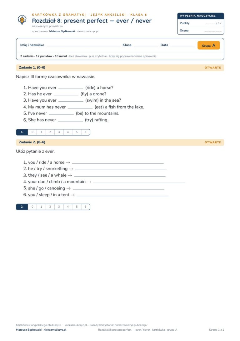 Angielski klasa 6 unit 8: present perfect — ever / never — kartkówka — okładka