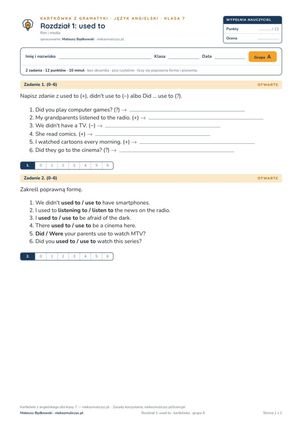 Kartkówka angielski klasa 7 unit 1: gramatyka: used to — B–E — okładka