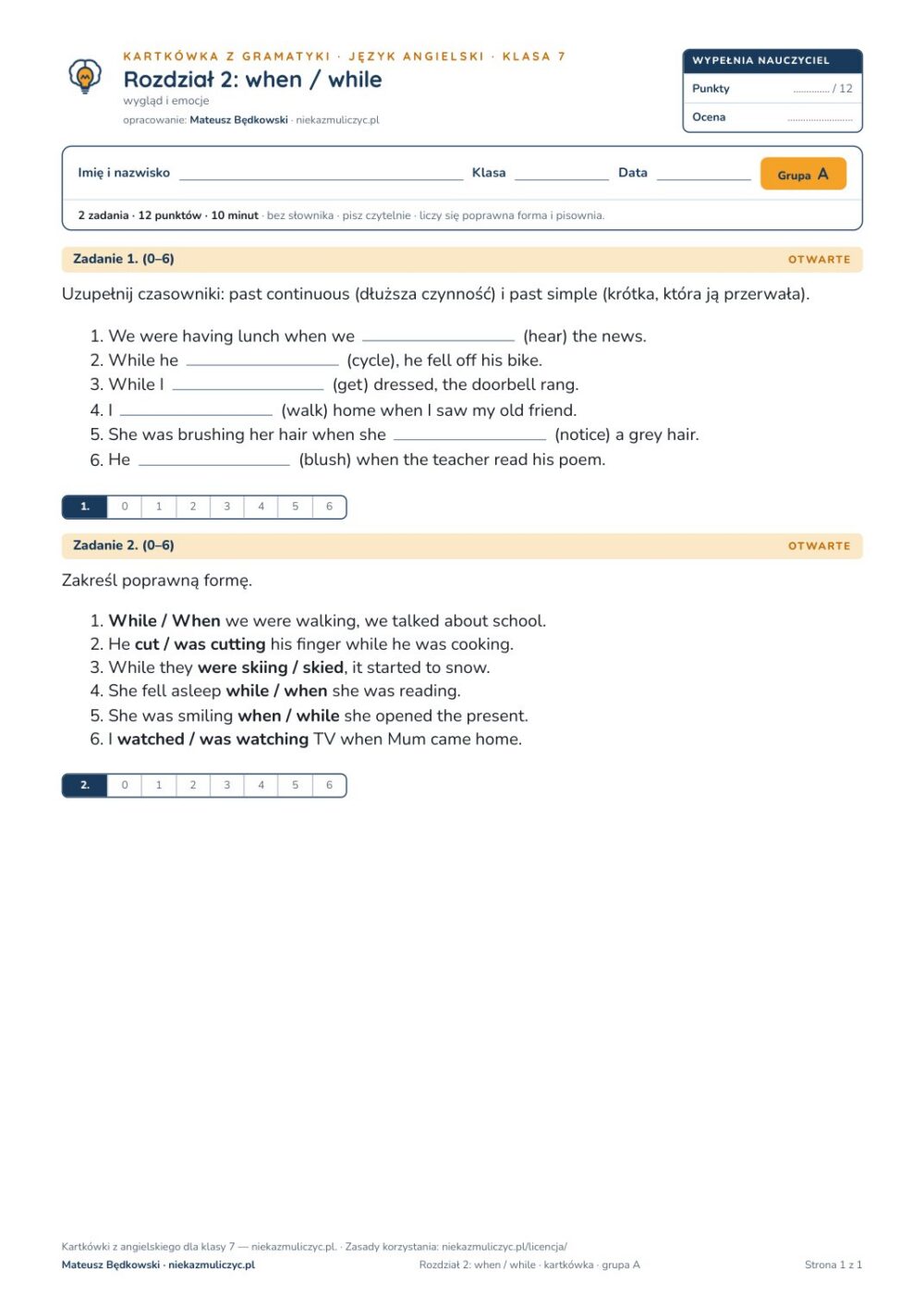 Kartkówka angielski klasa 7 unit 2: gramatyka: when / while — B–E — okładka