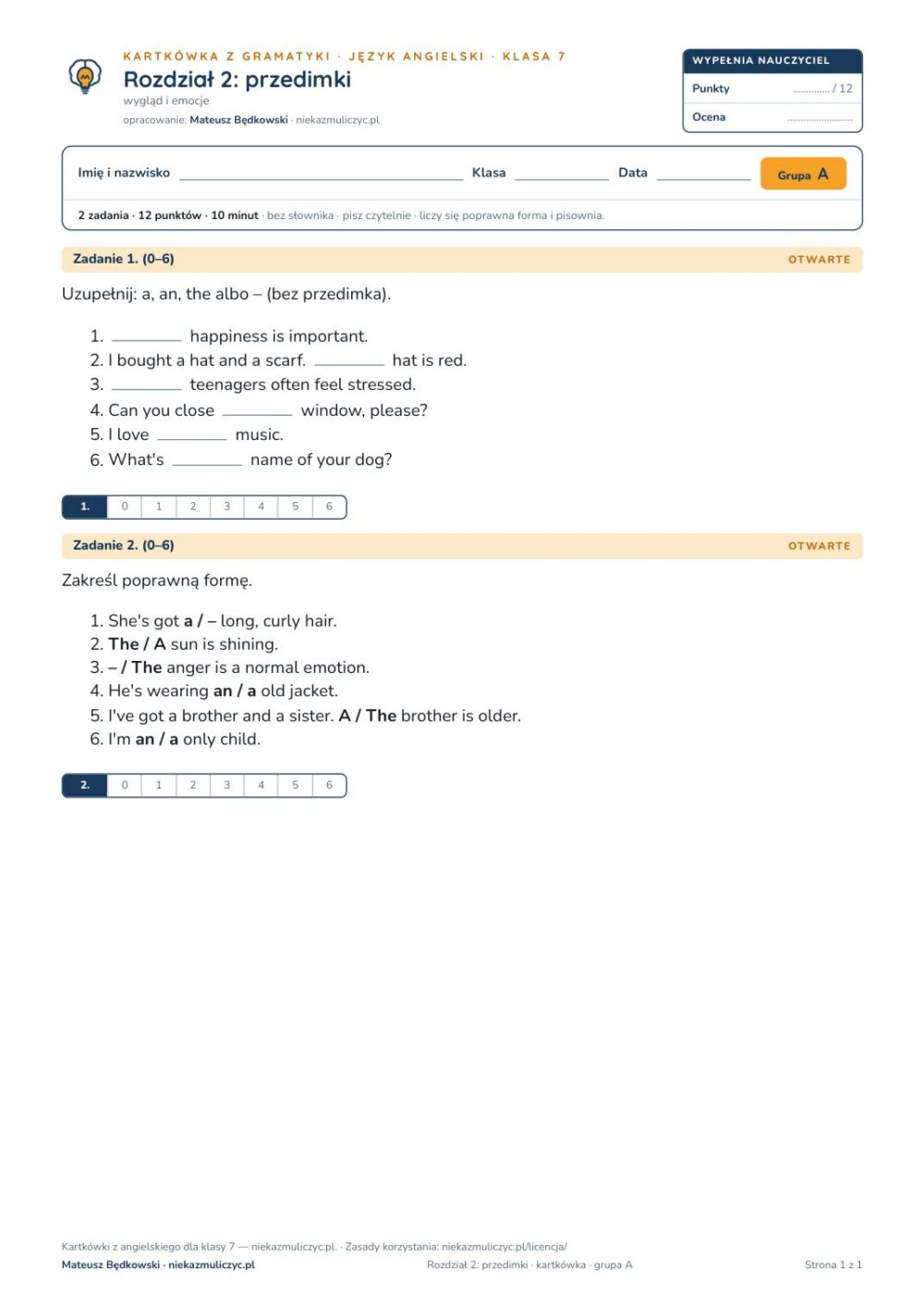 Kartkówka angielski klasa 7 unit 2: gramatyka: przedimki — B–E — okładka