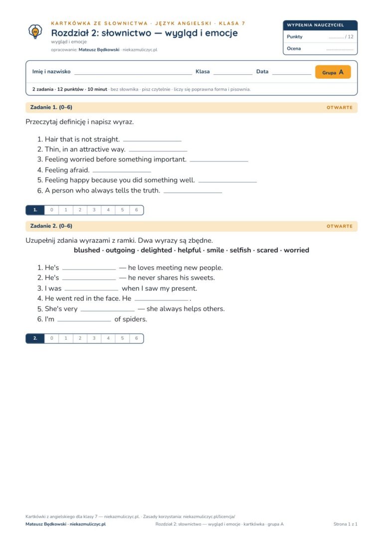 Kartkówka angielski klasa 7 unit 2: słownictwo: wygląd i emocje — B–E — okładka