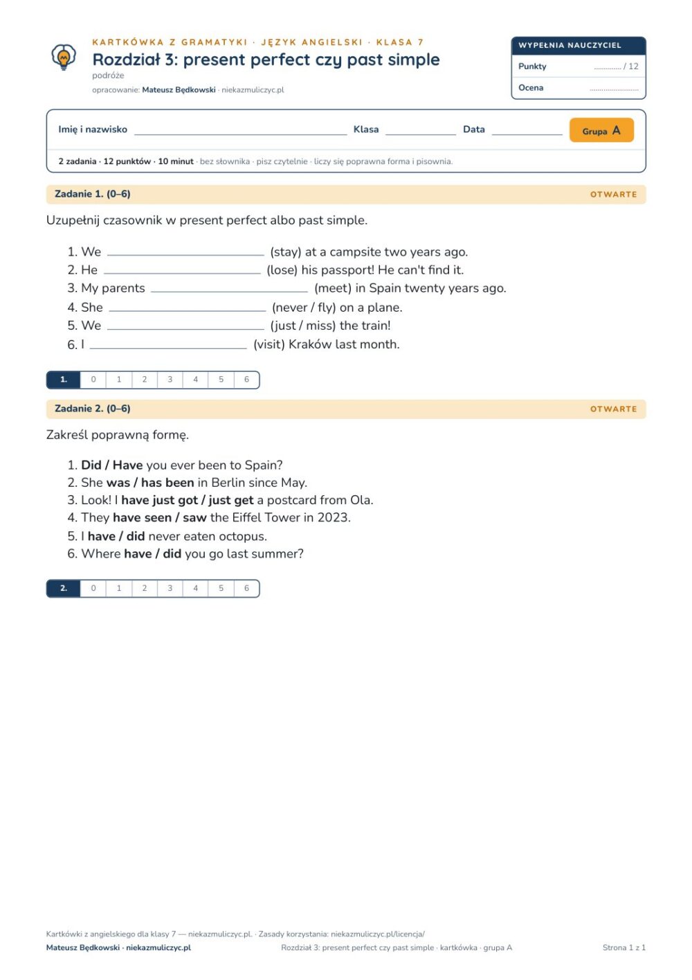 Angielski klasa 7 unit 3: present perfect czy past simple — kartkówka — okładka
