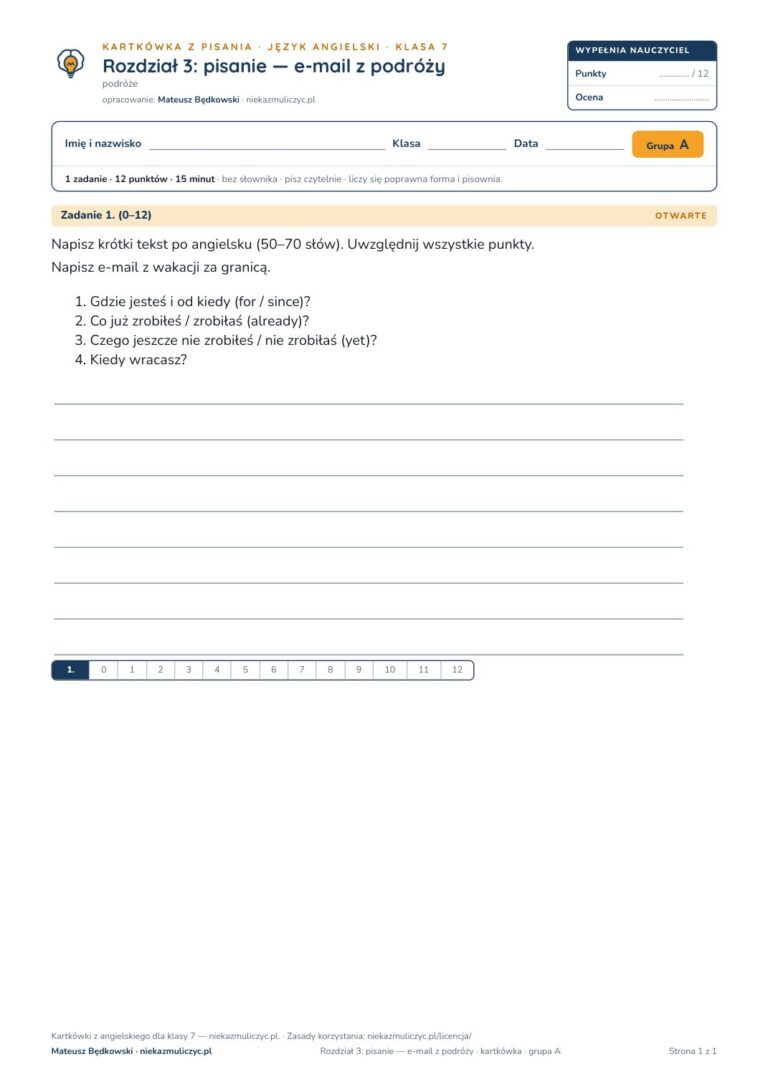 Kartkówka angielski klasa 7 unit 3: pisanie: e-mail z podróży — B–E — okładka