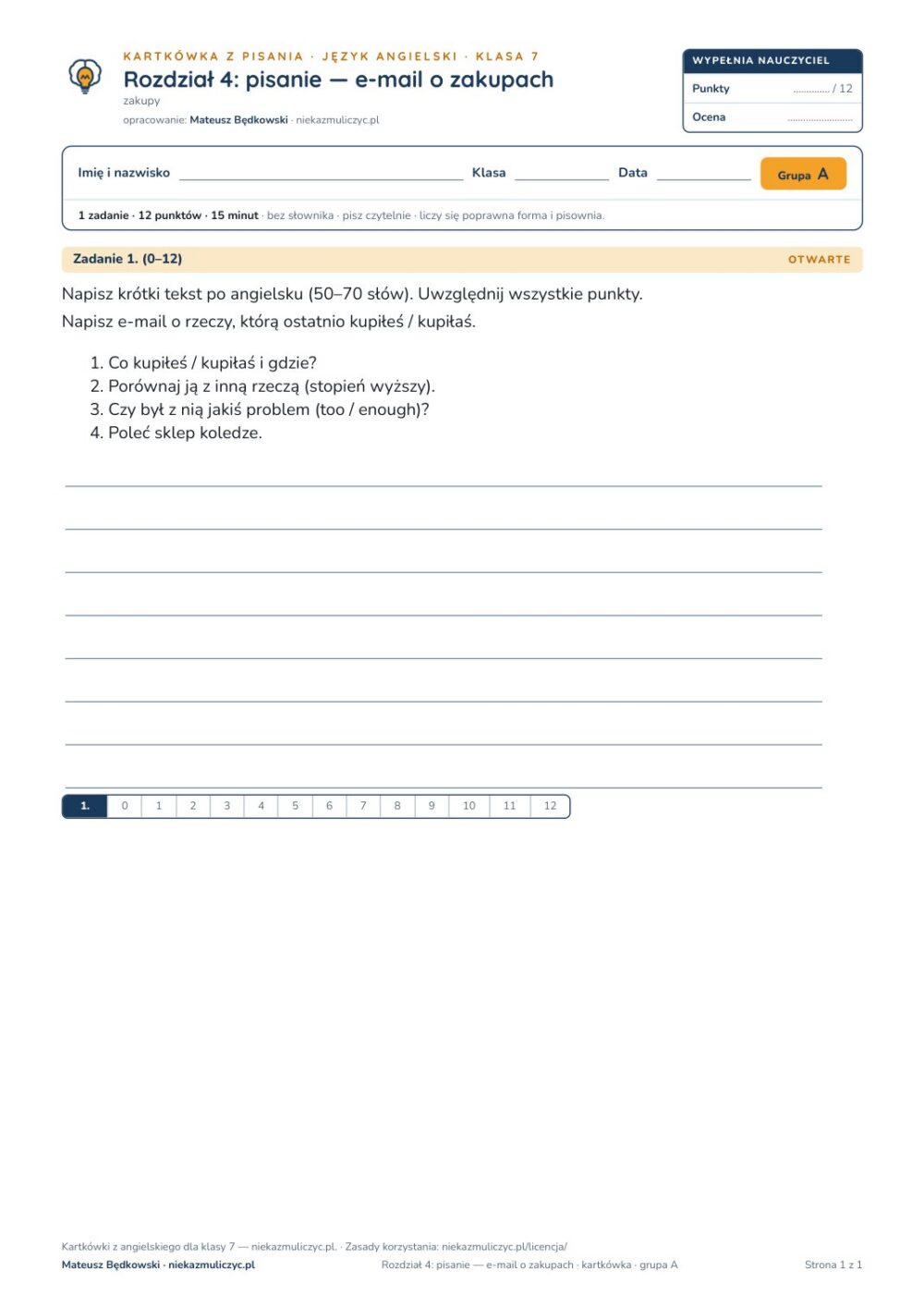 Kartkówka angielski klasa 7 unit 4: pisanie: e-mail o zakupach — B–E — okładka