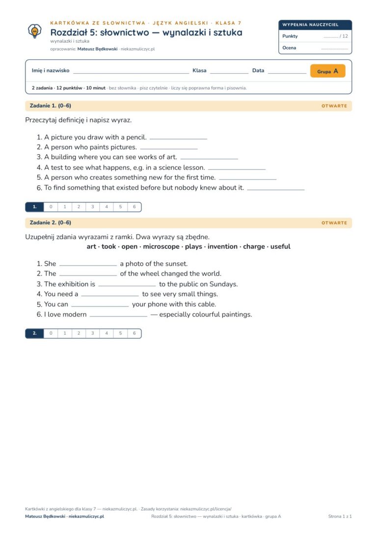 Angielski klasa 7 unit 5: słownictwo: wynalazki i sztuka — kartkówka — okładka