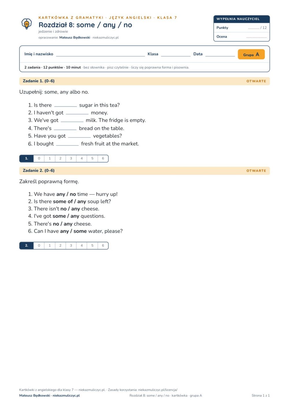 Kartkówka angielski klasa 7 unit 8: gramatyka: some / any / no — B–E — okładka