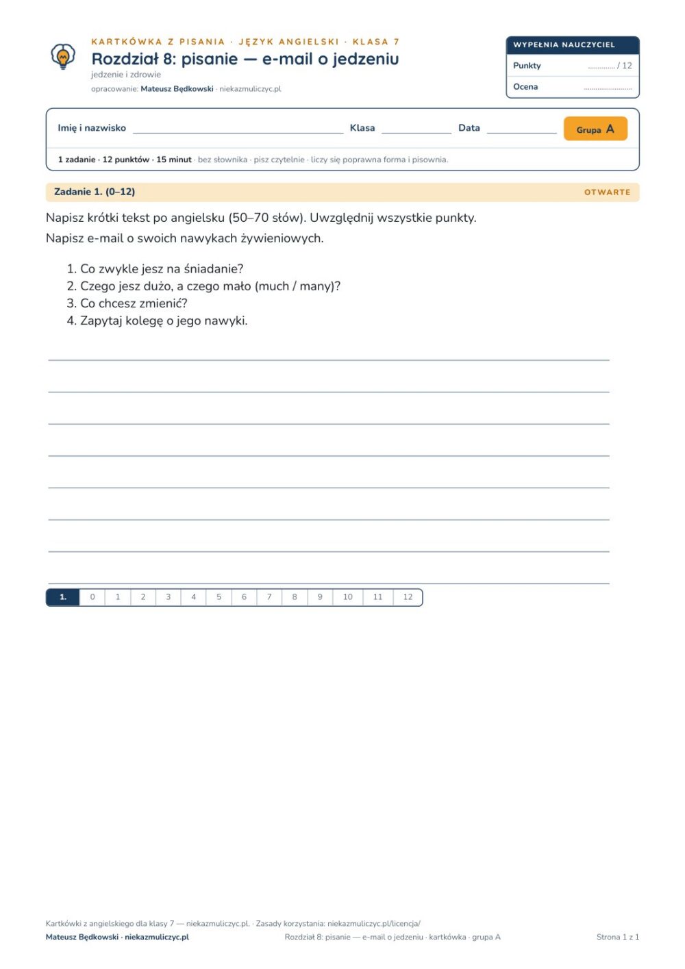 Kartkówka angielski klasa 7 unit 8: pisanie: e-mail o jedzeniu — B–E — okładka
