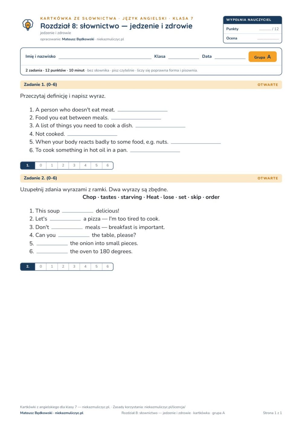 Angielski klasa 7 unit 8: słownictwo: jedzenie i zdrowie — kartkówka — okładka