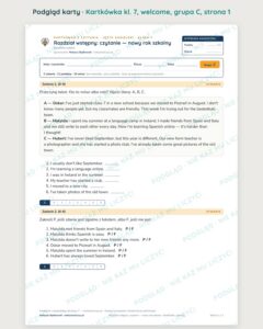 Kartkówka angielski klasa 7 welcome: czytanie: nowy rok szkolny — B–E — podgląd karty, grupa C