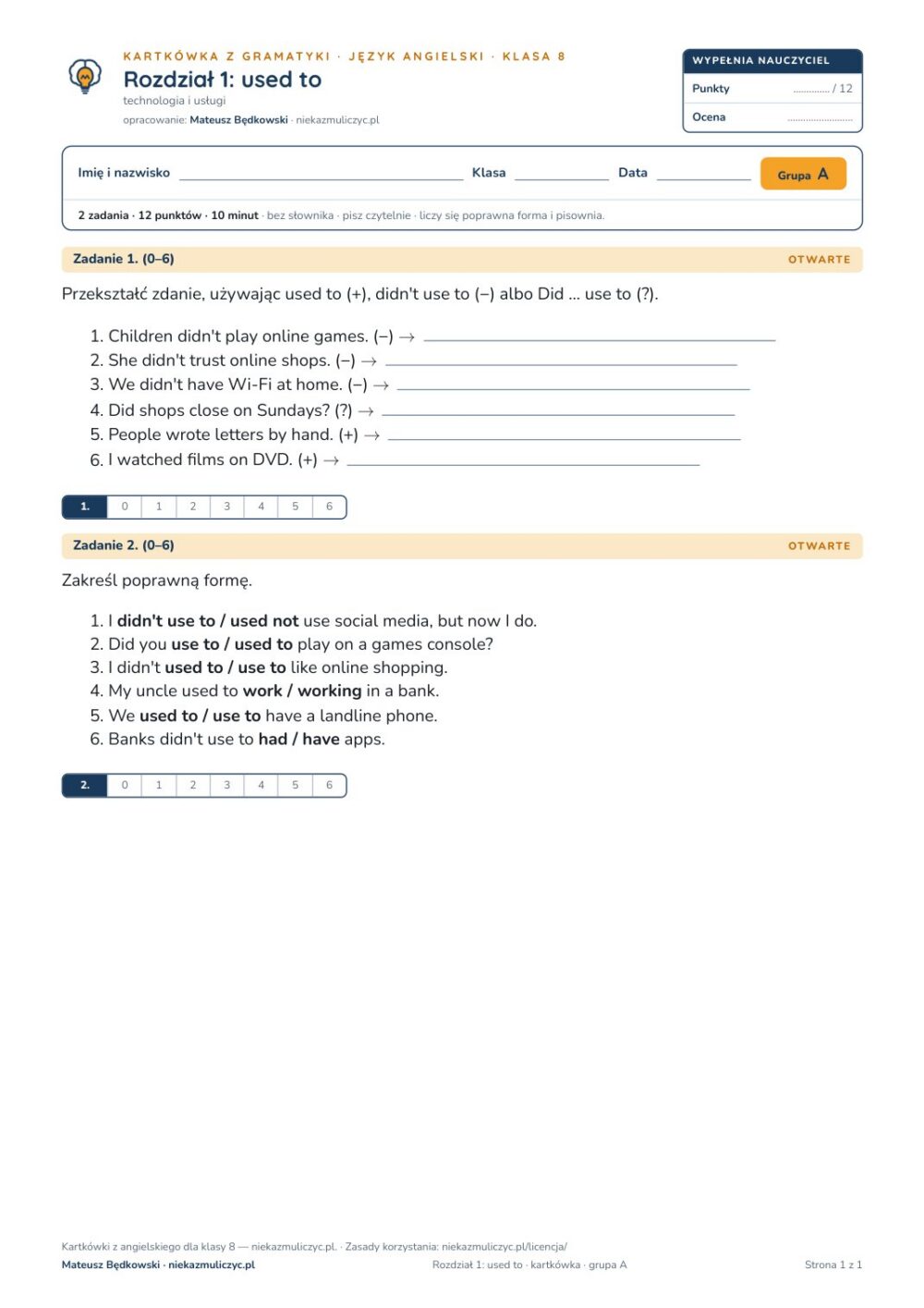 Kartkówka angielski klasa 8 unit 1: gramatyka: used to — B–E — okładka
