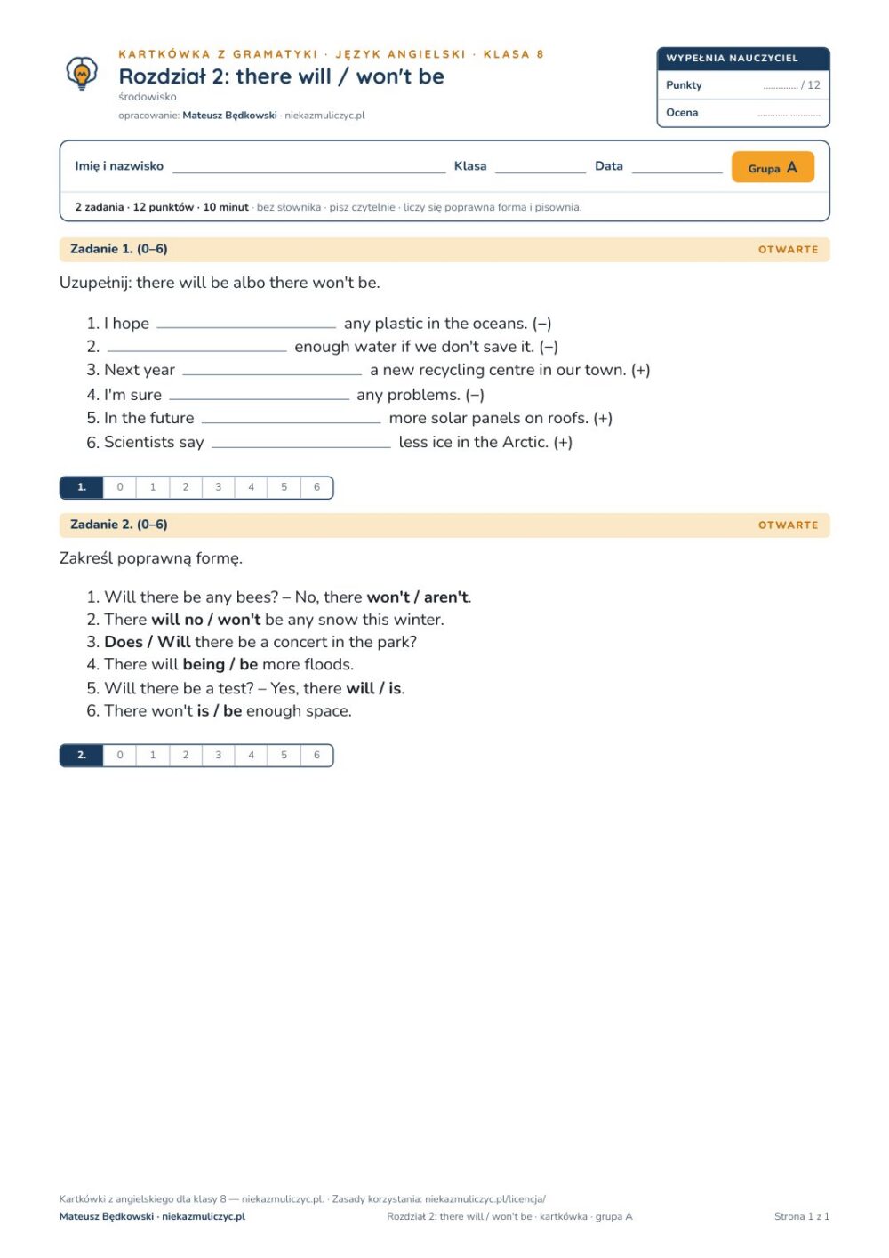 Angielski klasa 8 unit 2: gramatyka: there will / won't be — kartkówka — okładka