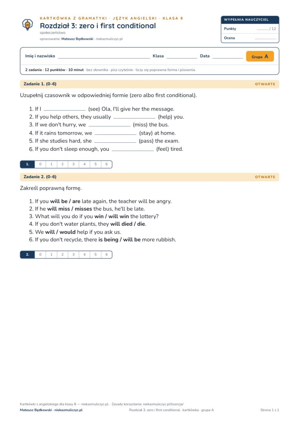 Kartkówka angielski klasa 8 unit 3: zero i first conditional — B–E — okładka