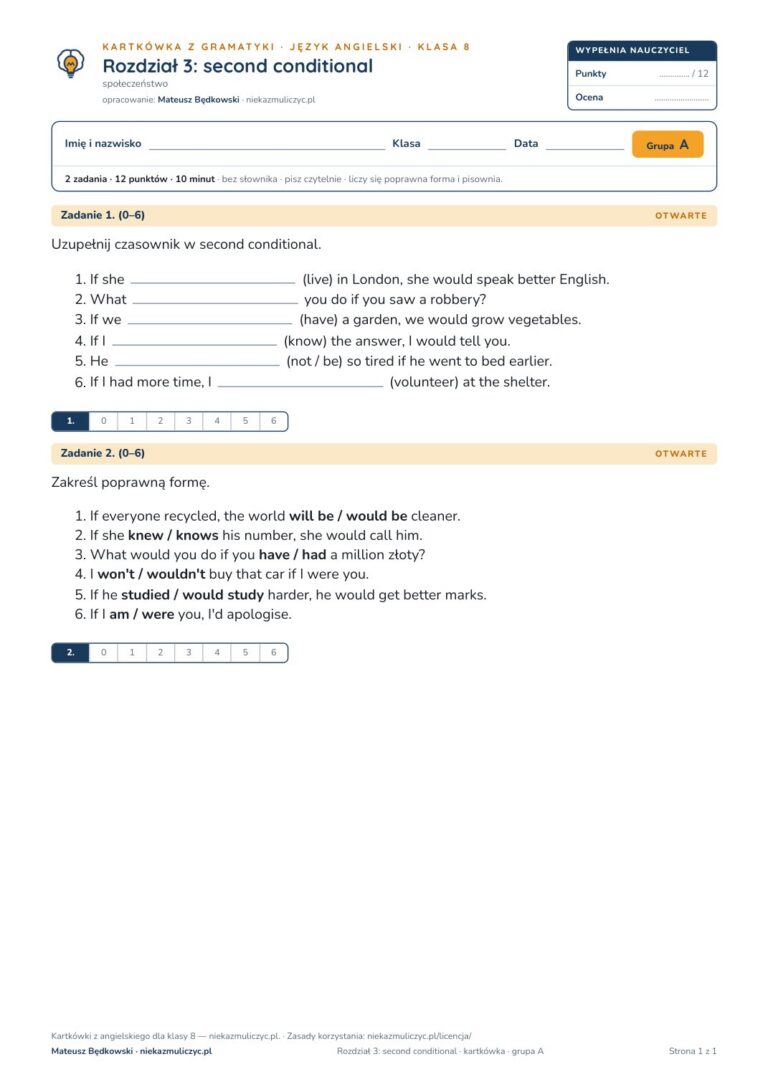 Angielski klasa 8 unit 3: gramatyka: second conditional — kartkówka — okładka