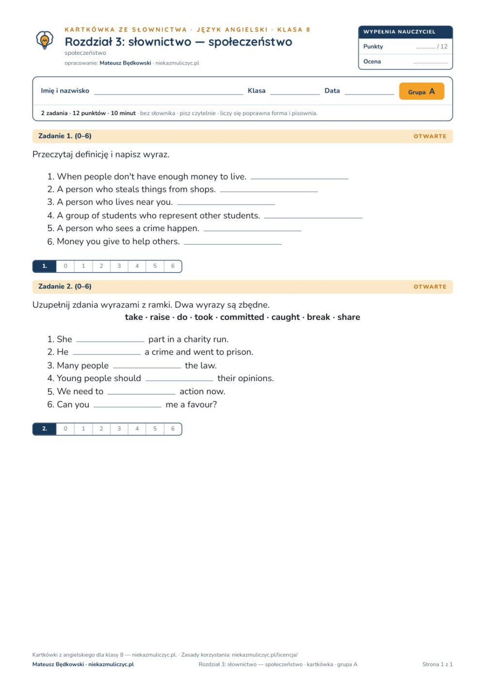 Kartkówka angielski klasa 8 unit 3: słownictwo: społeczeństwo — B–E — okładka