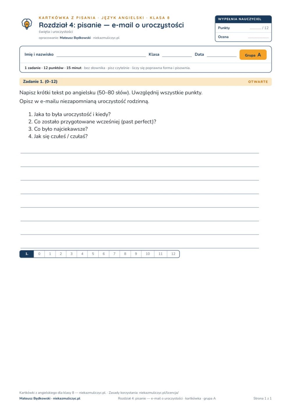 Angielski klasa 8 unit 4: pisanie: e-mail o uroczystości — kartkówka — okładka