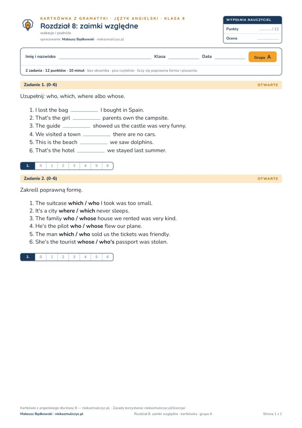 Kartkówka angielski klasa 8 unit 8: gramatyka: zaimki względne — B–E — okładka