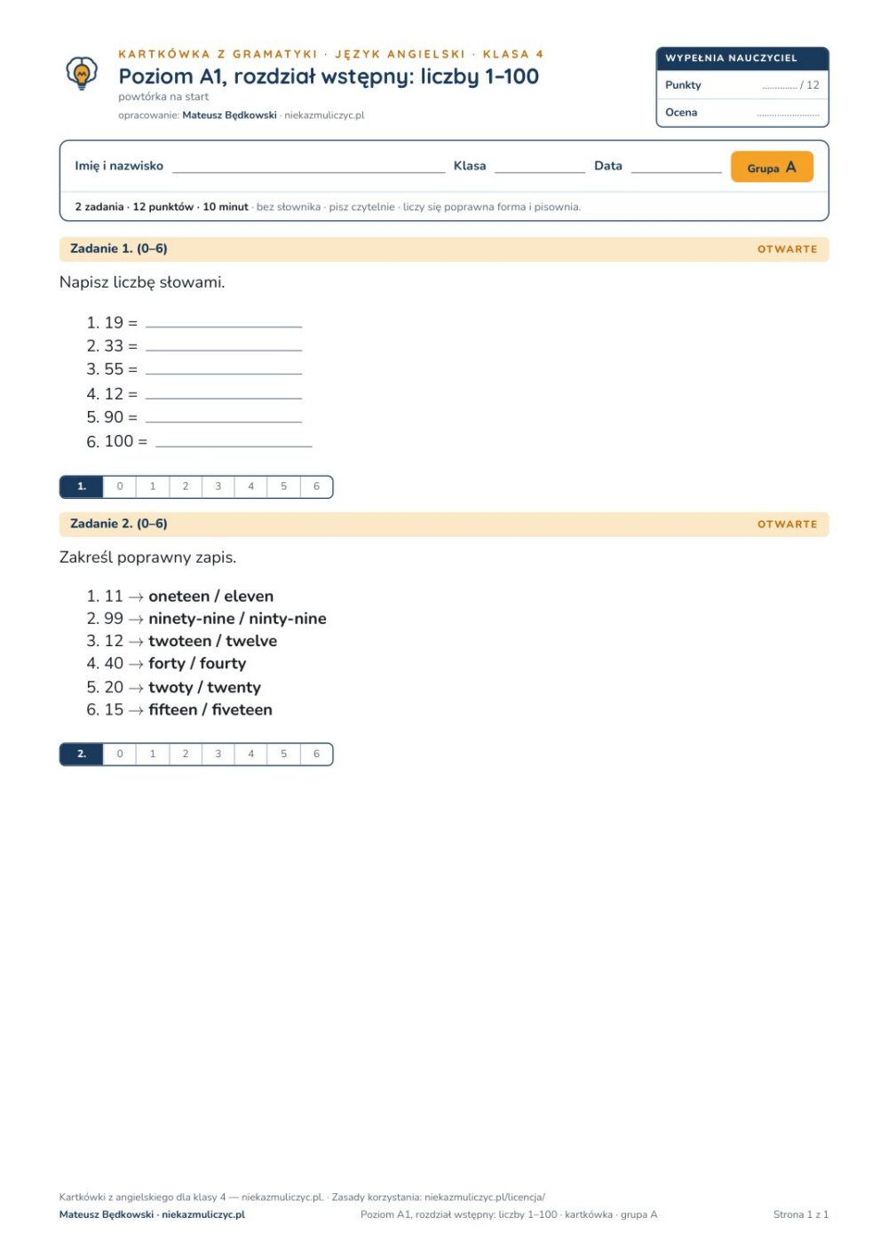 Kartkówka angielski klasa 4 A1 start: gramatyka: liczby 1–100 — B–E — okładka