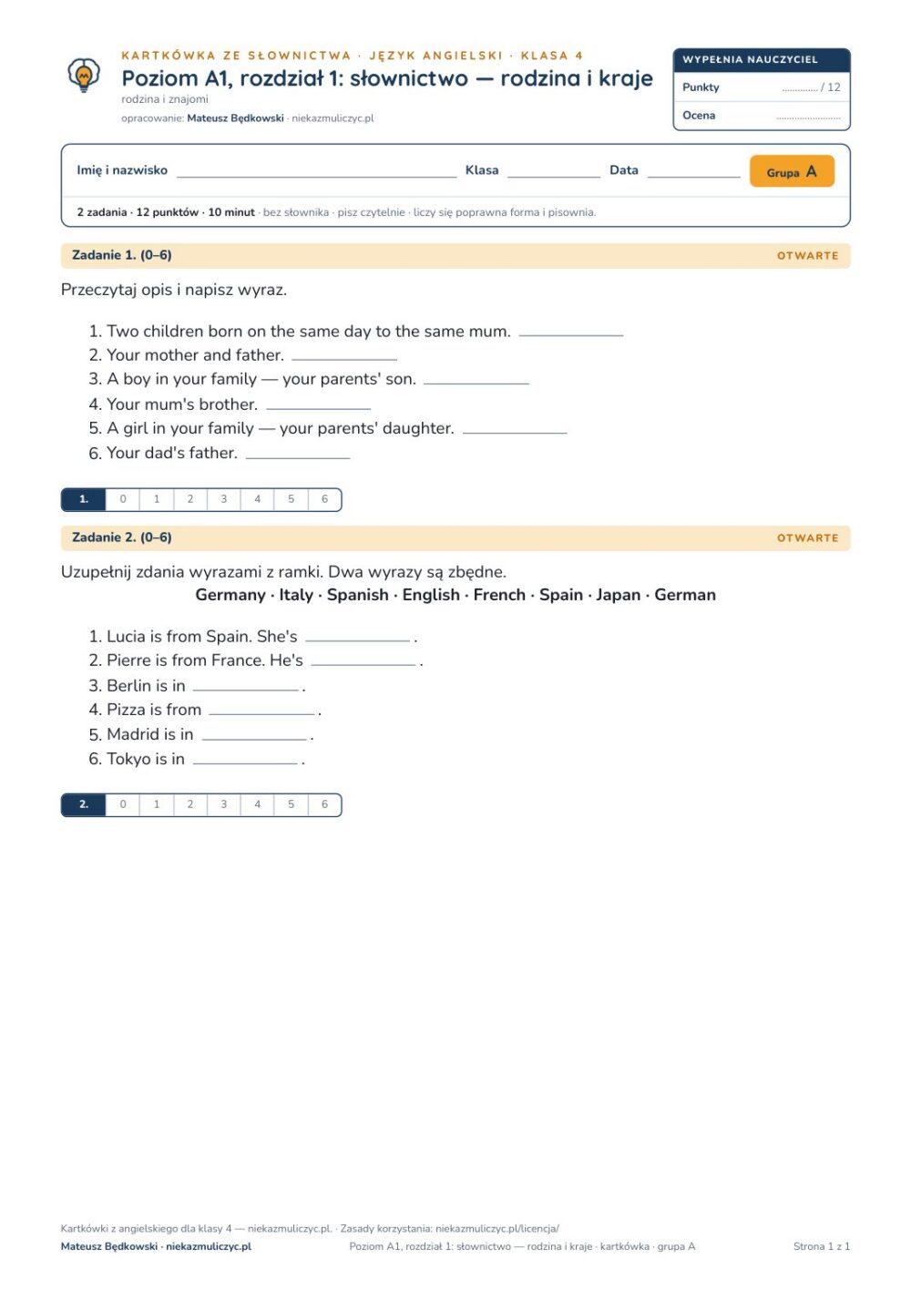 Angielski klasa 4 A1 unit 1: słownictwo: rodzina i kraje — kartkówka — okładka