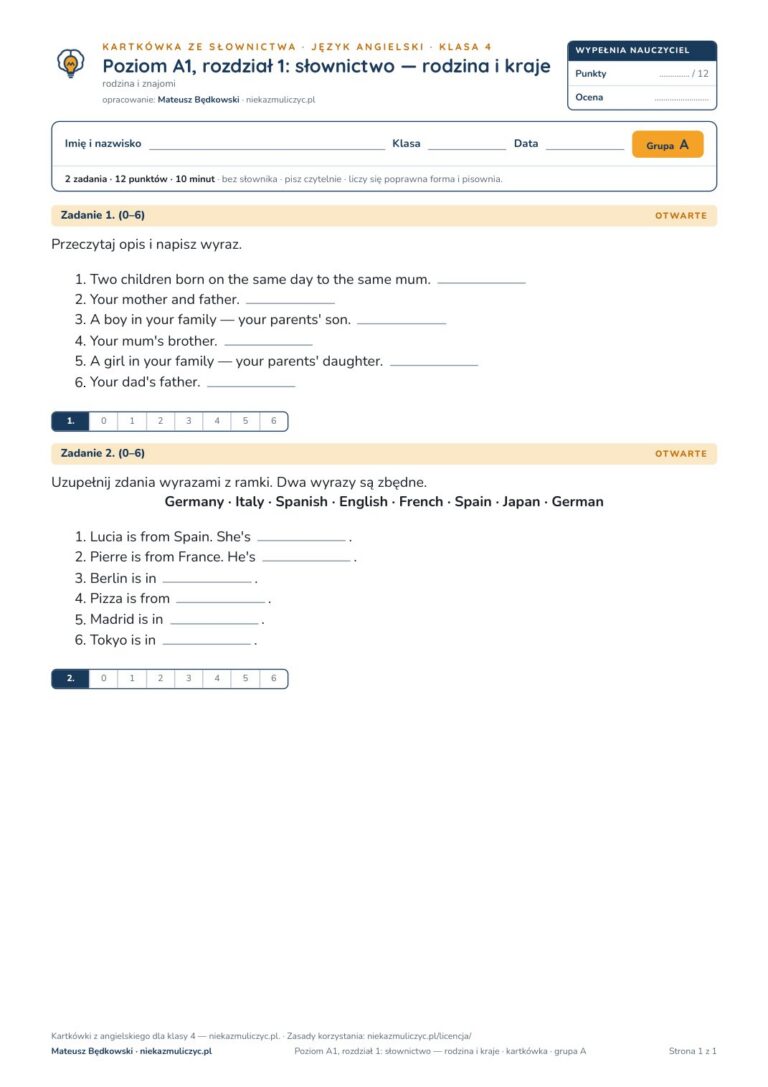 Angielski klasa 4 A1 unit 1: słownictwo: rodzina i kraje — kartkówka — okładka