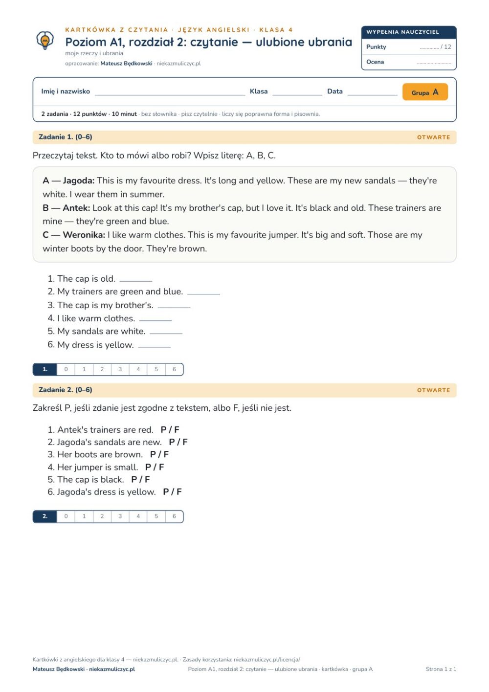 Angielski klasa 4 A1 unit 2: czytanie: ulubione ubrania — kartkówka — okładka