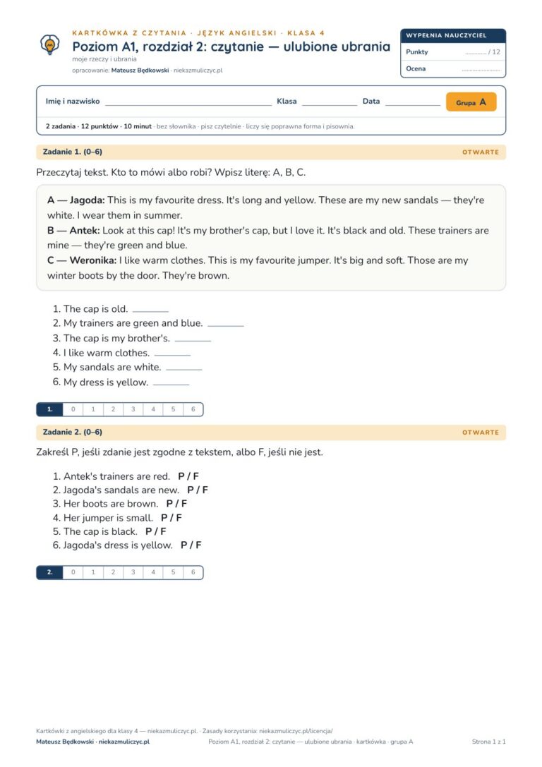 Angielski klasa 4 A1 unit 2: czytanie: ulubione ubrania — kartkówka — okładka