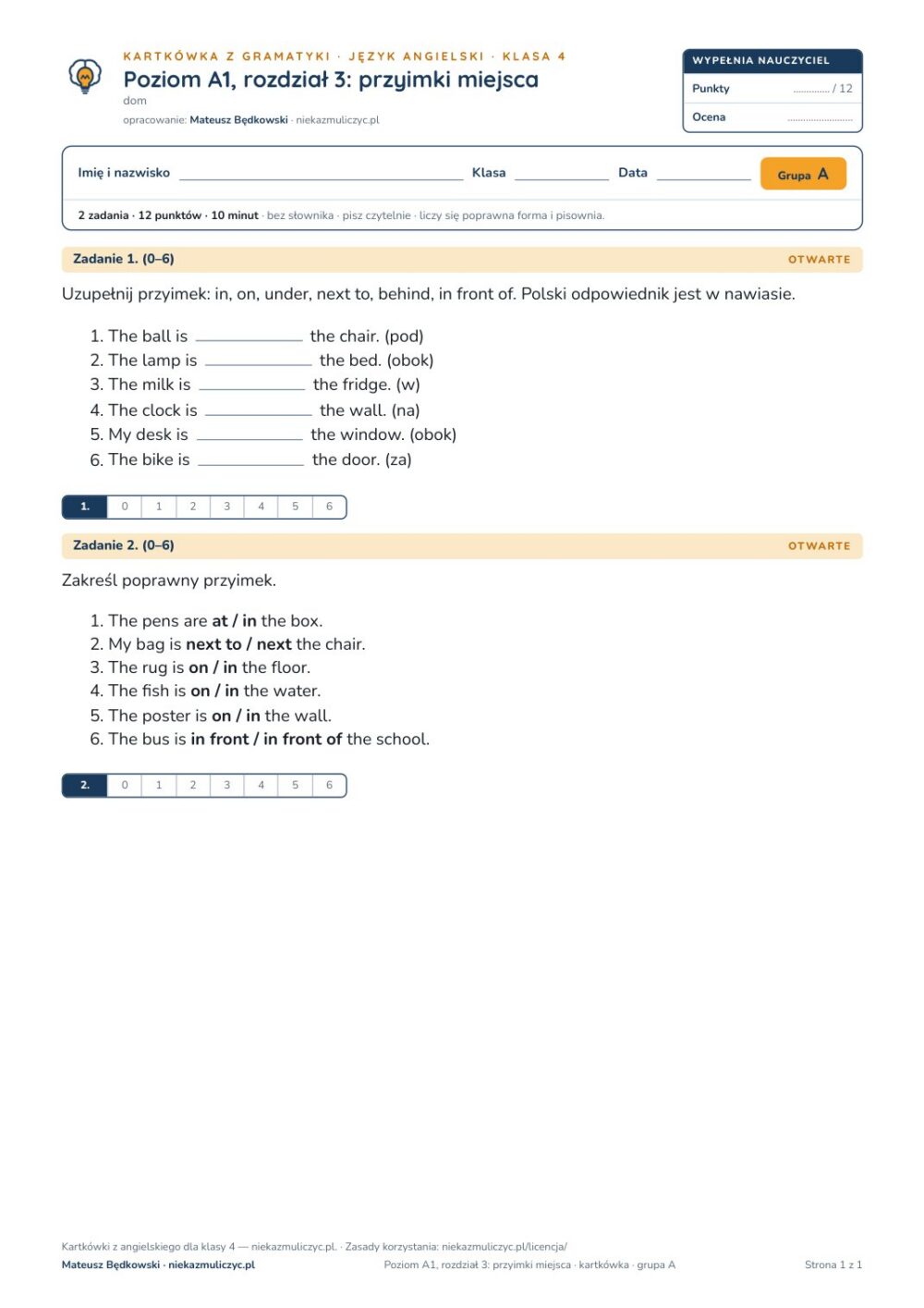 Angielski klasa 4 A1 unit 3: gramatyka: przyimki miejsca — kartkówka — okładka