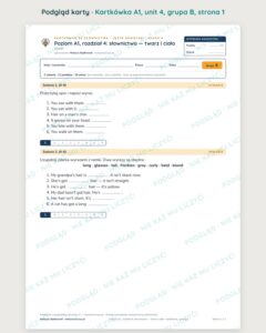 Kartkówka angielski klasa 4 A1 unit 4: słownictwo: twarz i ciało — B–E — podgląd karty, grupa B