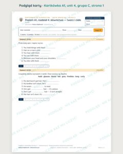 Kartkówka angielski klasa 4 A1 unit 4: słownictwo: twarz i ciało — B–E — podgląd karty, grupa C