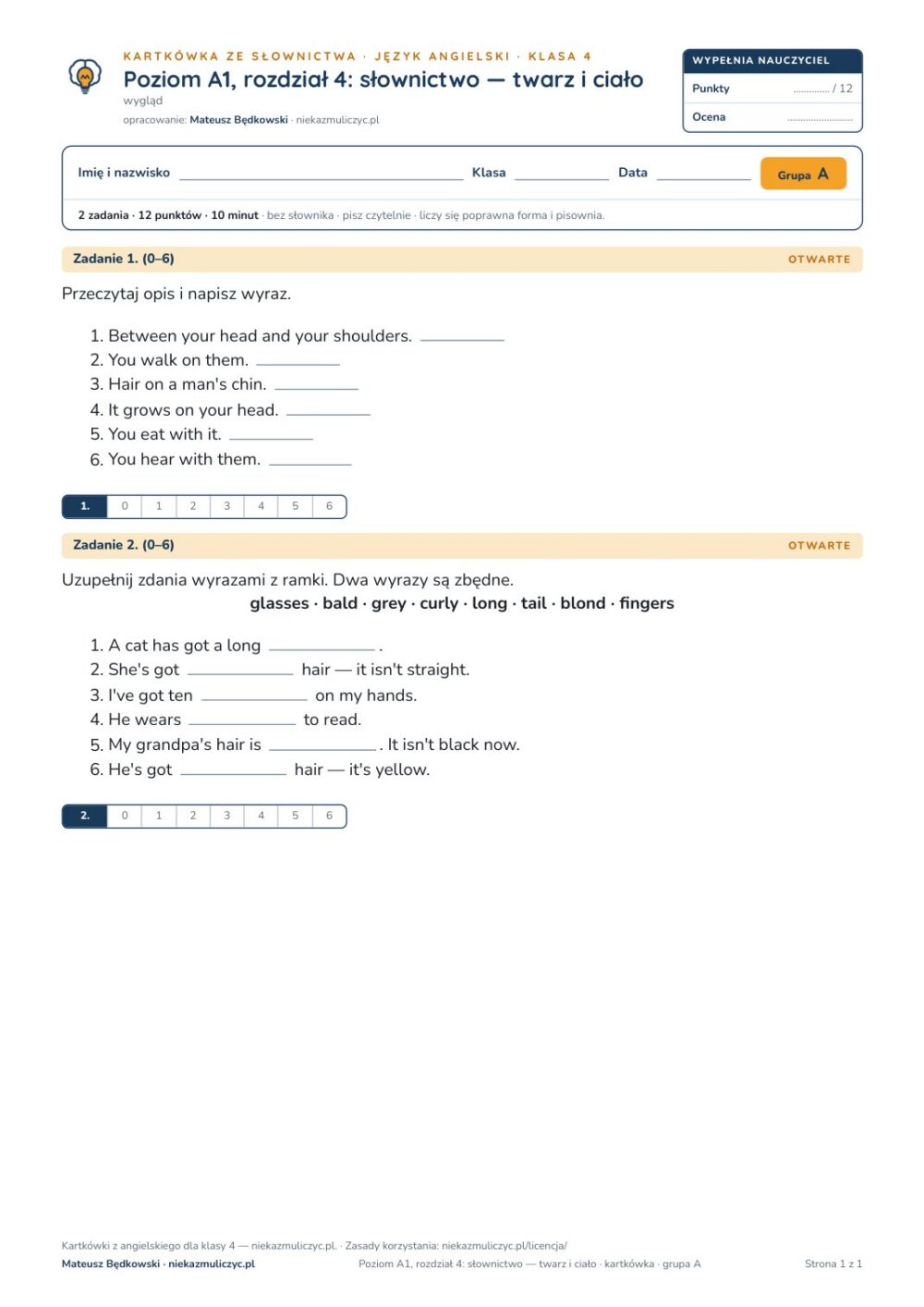 Kartkówka angielski klasa 4 A1 unit 4: słownictwo: twarz i ciało — B–E — okładka