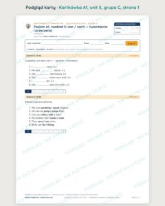 Angielski A1 unit 5: can / can't — kartkówka — podgląd karty, grupa C