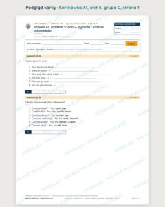 Angielski A1 unit 5: can — pytania i krótkie odpowiedzi — kartkówka — podgląd karty, grupa C