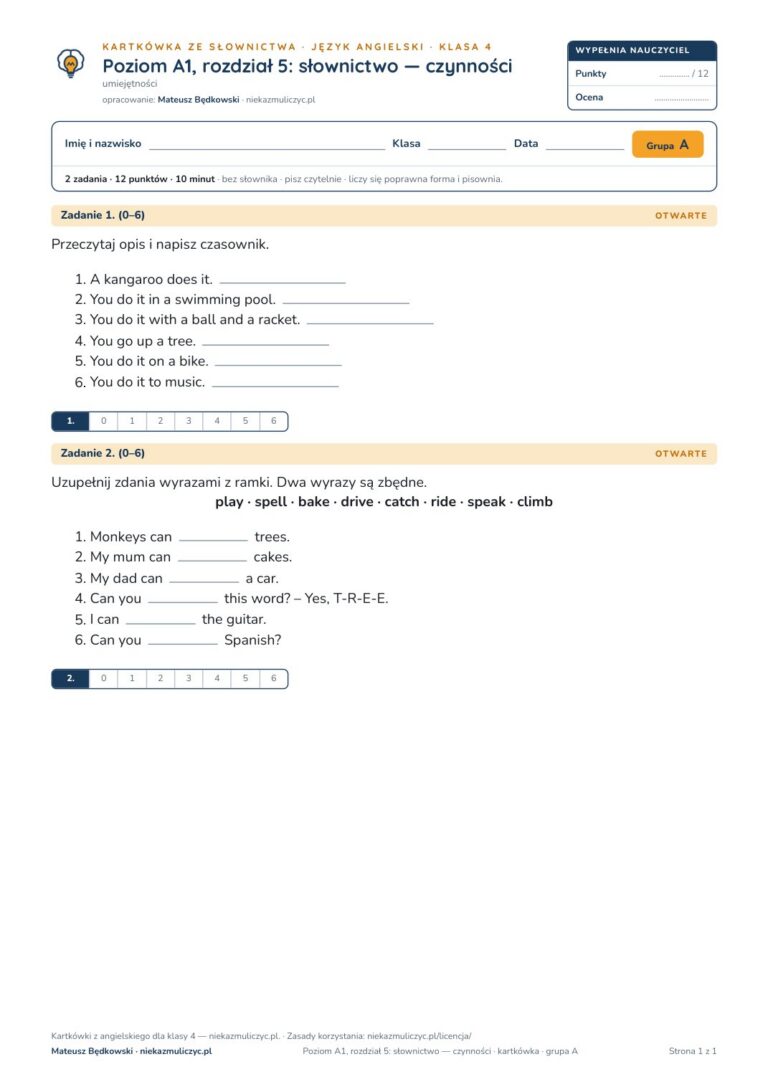 Kartkówka angielski klasa 4 A1 unit 5: słownictwo: czynności — B–E — okładka