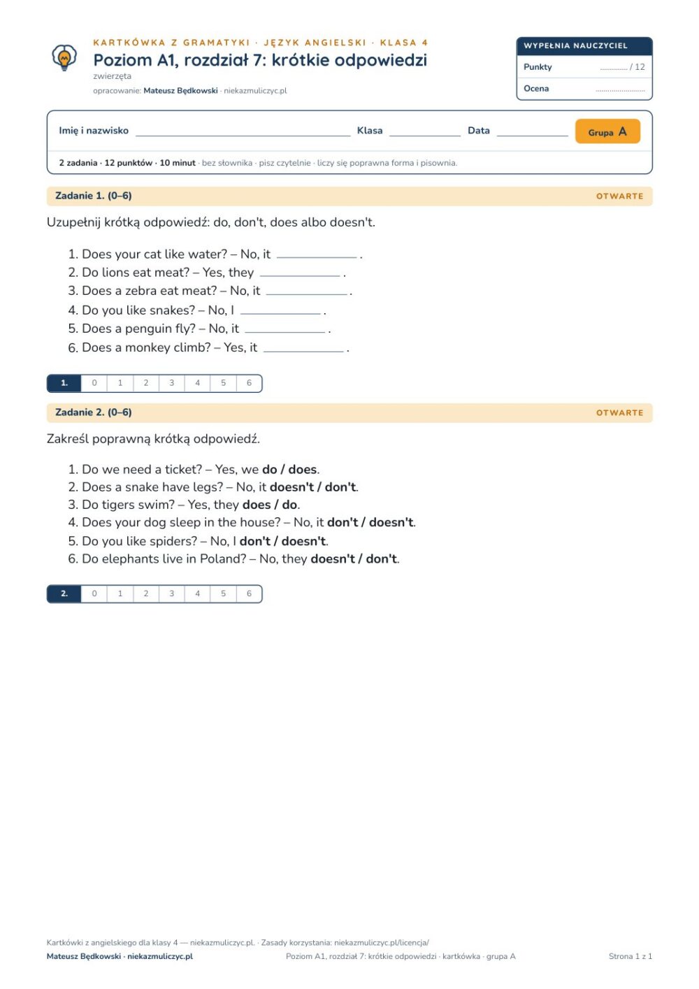 Angielski klasa 4 A1 unit 7: gramatyka: krótkie odpowiedzi — kartkówka — okładka