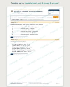 Kartkówka angielski A1 unit 8: gramatyka: pytania szczegółowe — B–E — podgląd karty, grupa B