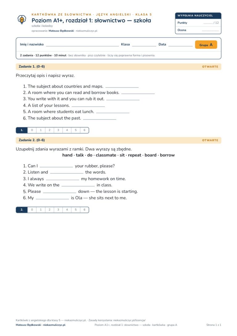 Kartkówka angielski klasa 5 A1+ unit 1: słownictwo: szkoła — B–E — okładka