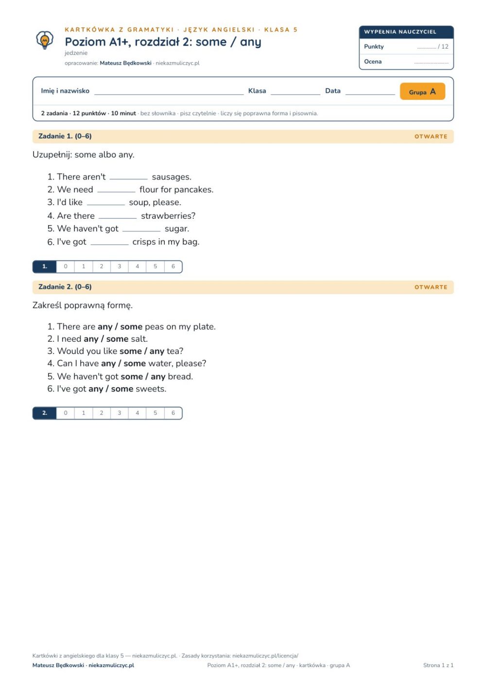 Kartkówka angielski klasa 5 A1+ unit 2: gramatyka: some / any — B–E — okładka