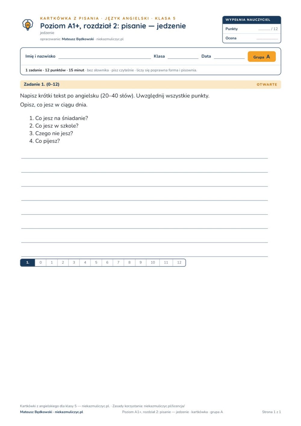 Kartkówka angielski klasa 5 A1+ unit 2: pisanie: jedzenie — B–E — okładka