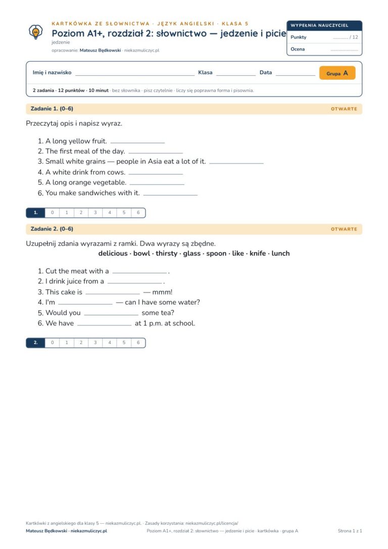 Angielski klasa 5 A1+ unit 2: słownictwo: jedzenie i picie — kartkówka — okładka