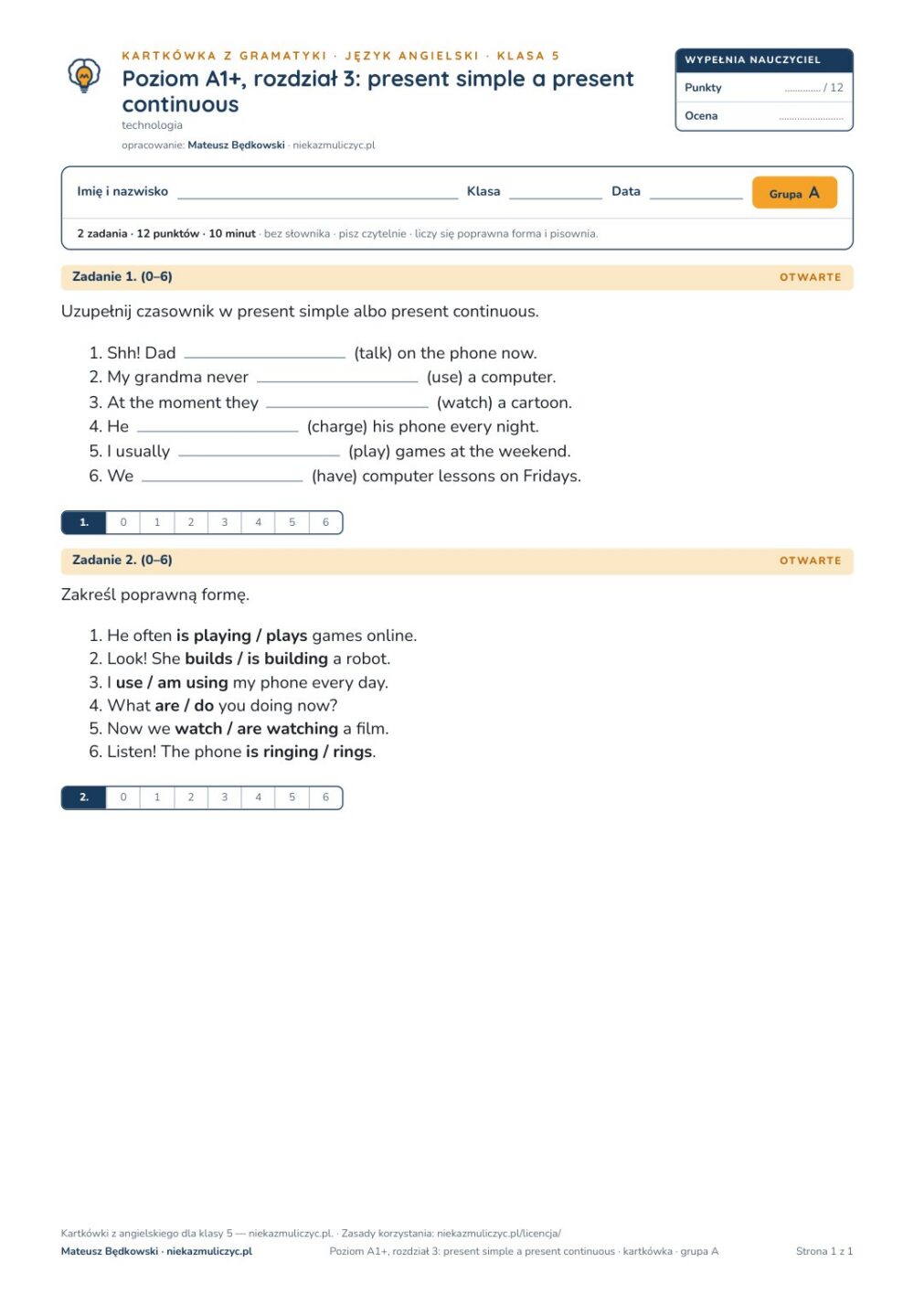 Angielski A1+ unit 3: present simple a present continuous — kartkówka — okładka