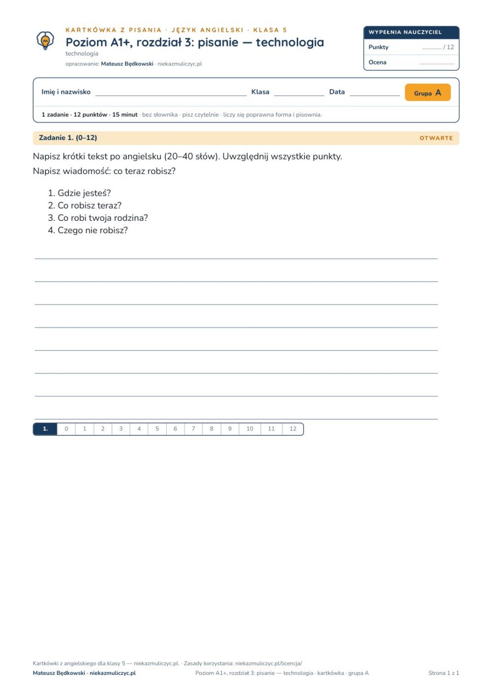 Kartkówka angielski klasa 5 A1+ unit 3: pisanie: technologia — B–E — okładka